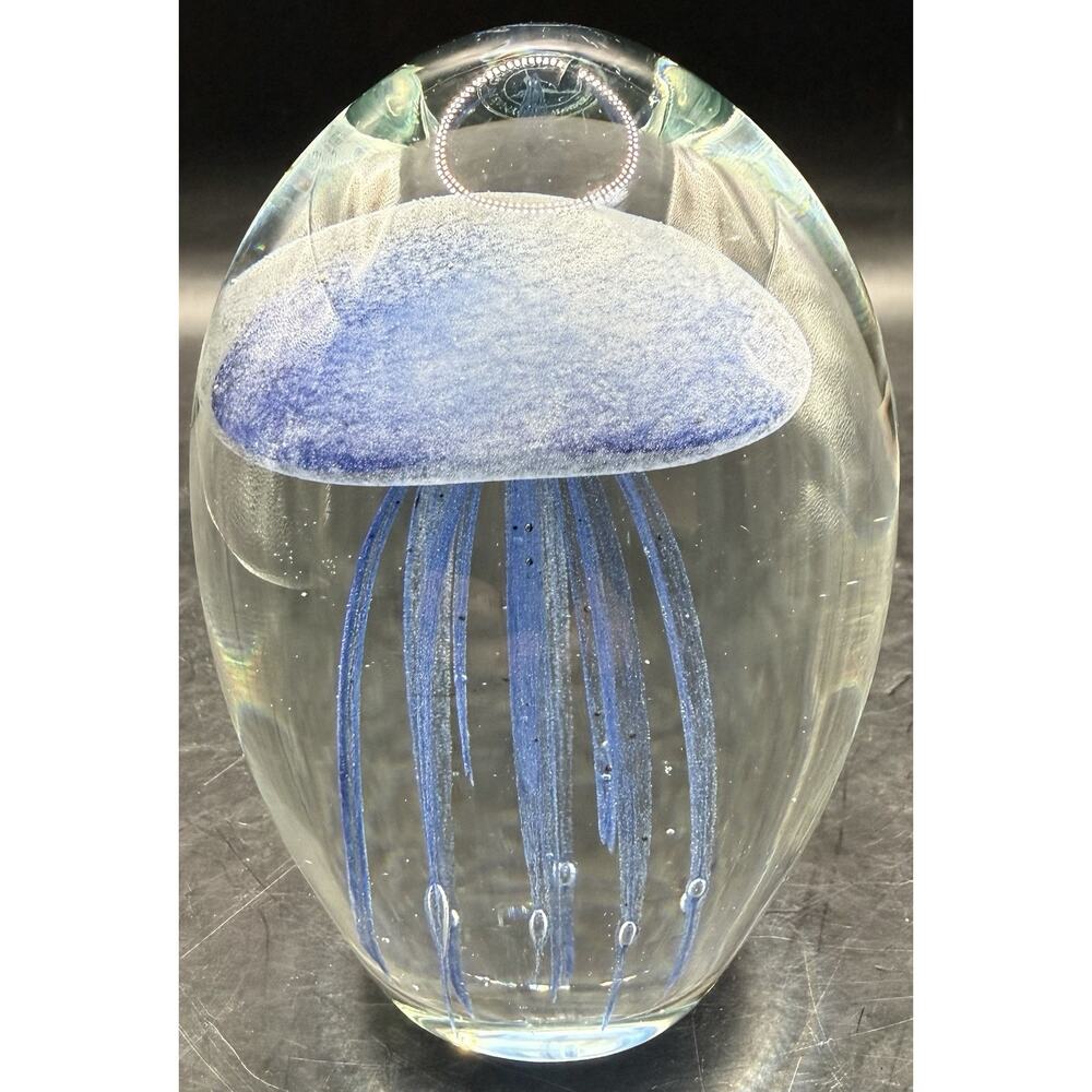 Dynasty Gallery Paperweight Glass Blue Jellyfish Glow in the Dark 4” Tall